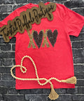 {100% WILD LOVE} Appliqued Leopard + Black Sequins Red V-Neck Tee
