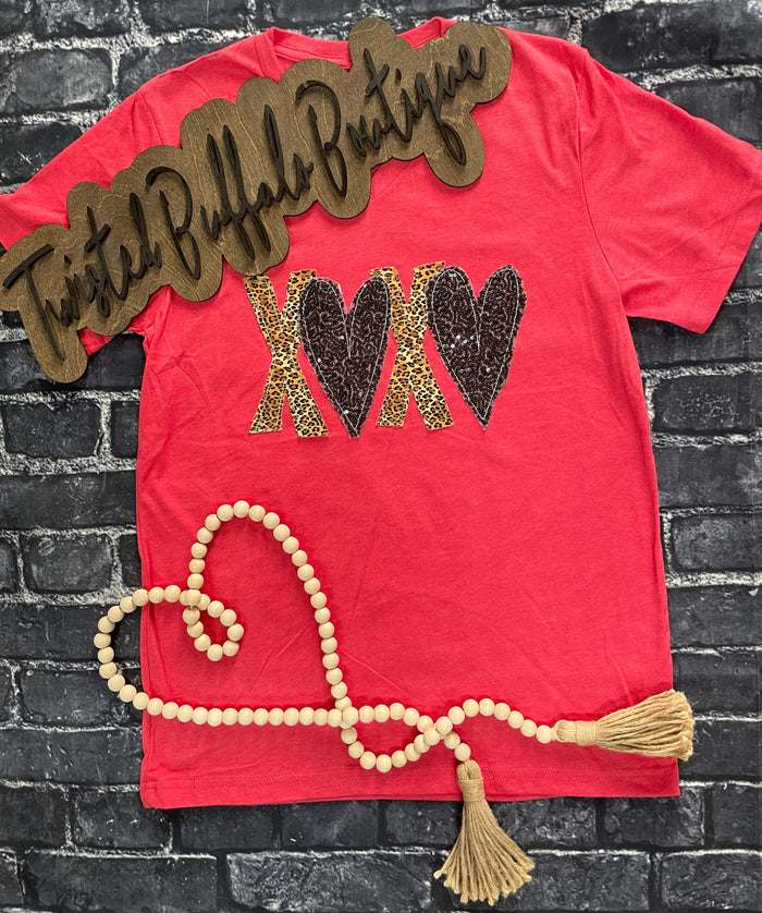 {100% WILD LOVE} Appliqued Leopard + Black Sequins Red V-Neck Tee