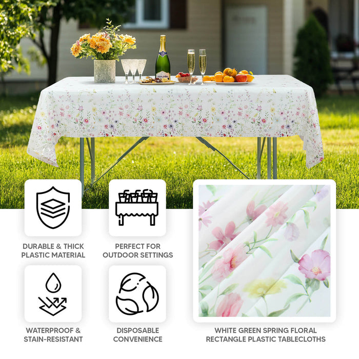White green spring floral rectangle plastic tablecloth for outdoor settings.