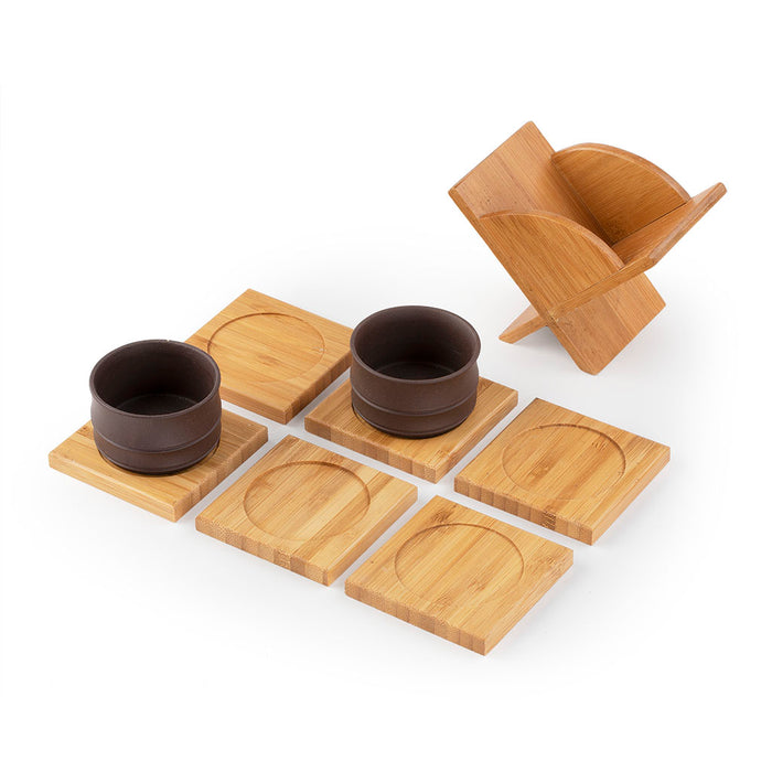 6 Bamboo Coasters Set with Vertical Stand