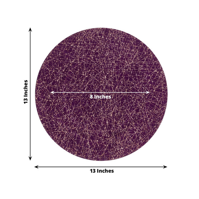 Round 13-inch purple plate with an 8-inch diameter design.