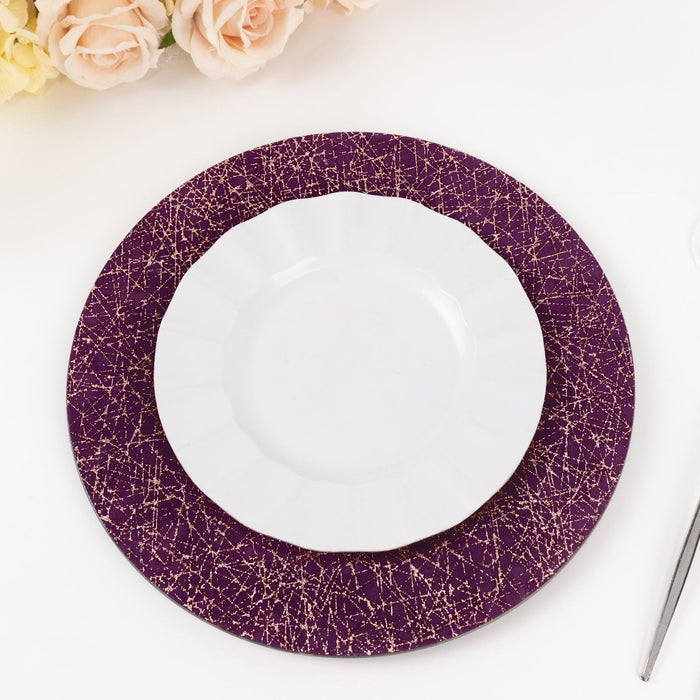 Elegant purple charger plate with white dessert plate on top.
