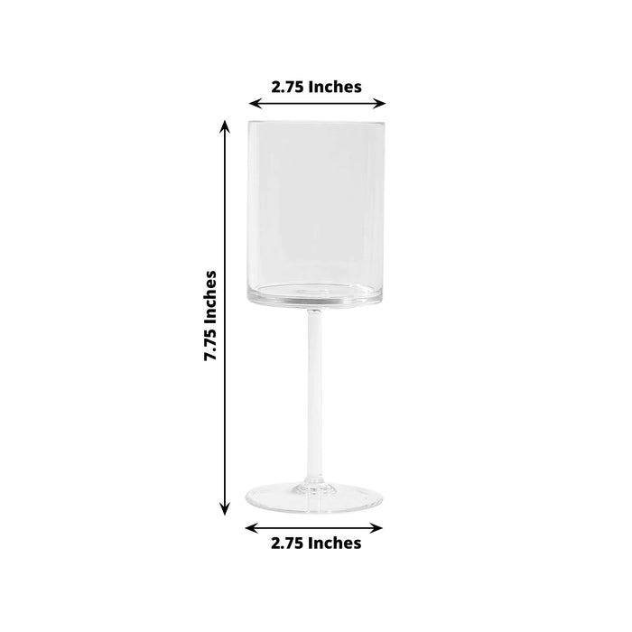 Clear glass wine goblet with dimensions 2.75 x 7.75 inches.