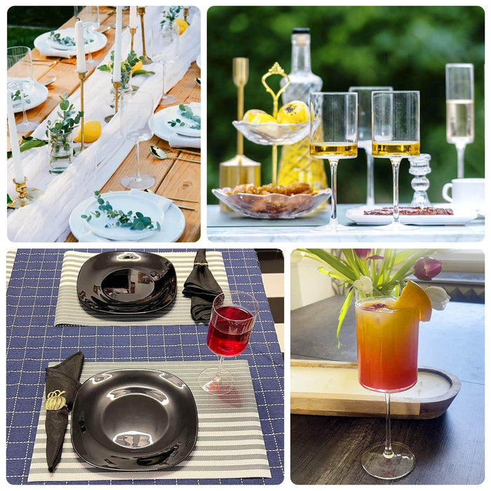 Elegant table setting with plates, glasses, and cocktails for a festive gathering.