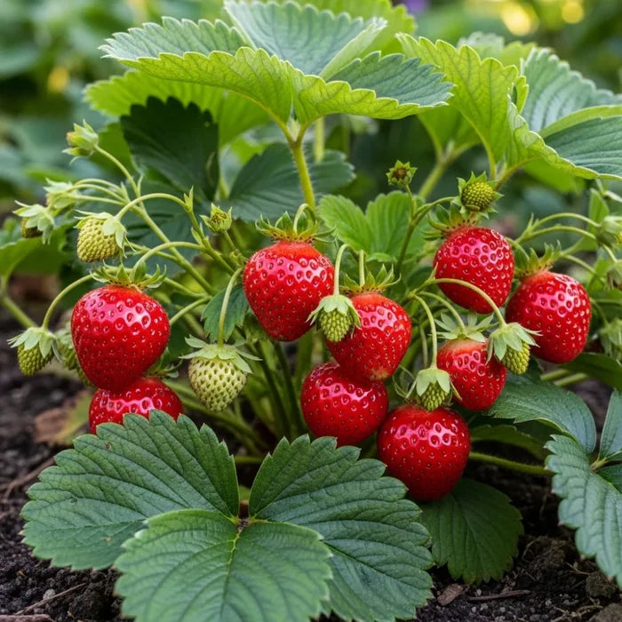 Ripe red Elsanta Strawberry Plants with green leaves and stems growing in a garden, surrounded by soil, showcasing vibrant colors and fresh produce.