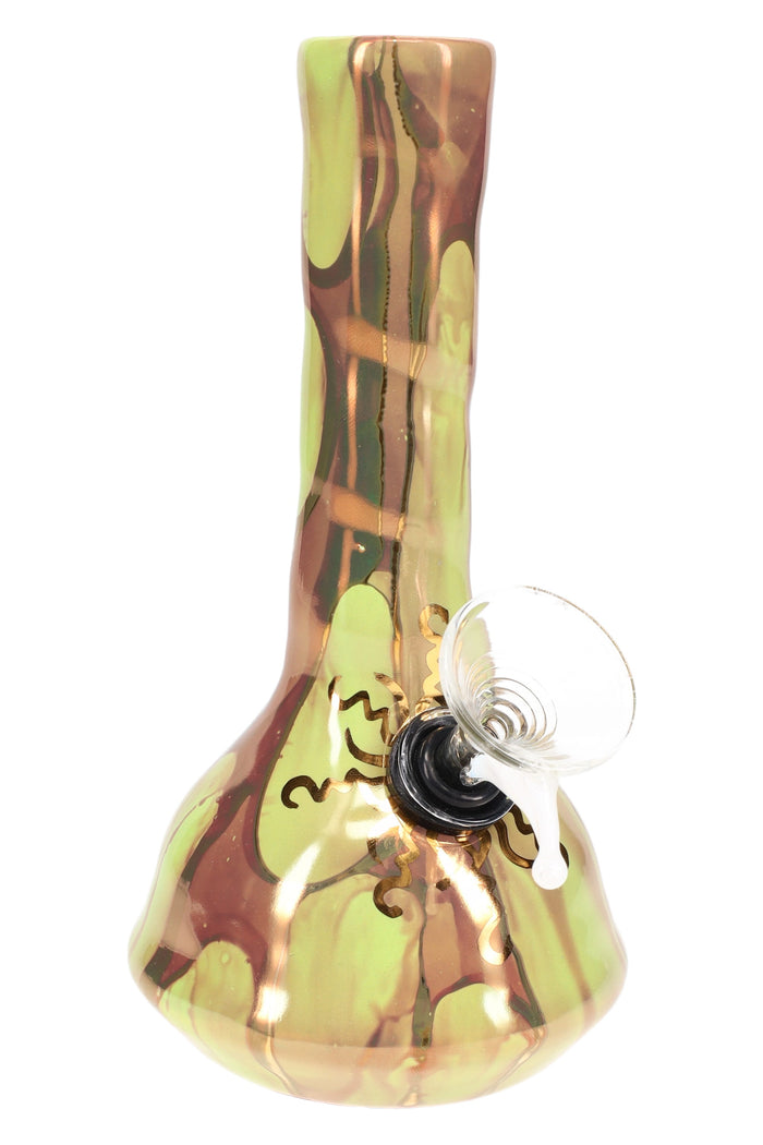 Apple green and bronze marbled 6″ ceramic beaker bong featuring glossy glaze and gold sunburst motif.