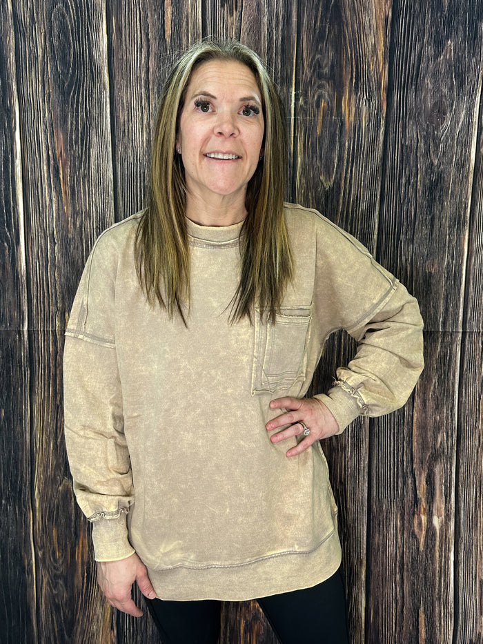 {ASH MOCHA} Acid Wash French Terry Pullover
