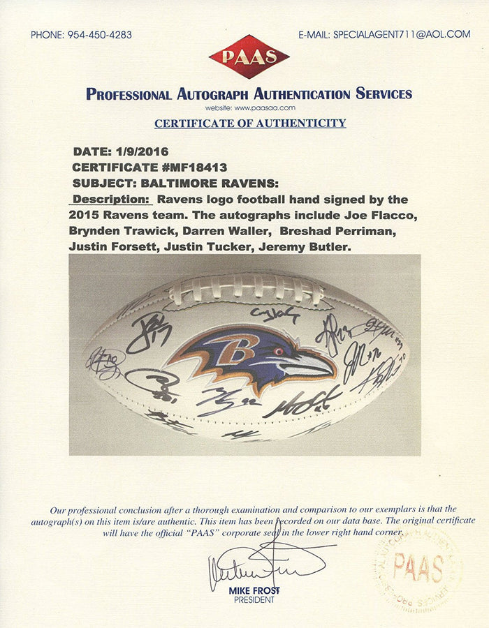 Baltimore Ravens 2015 Team Signed Autographed White Panel Logo Football PAAS Letter COA Flacco