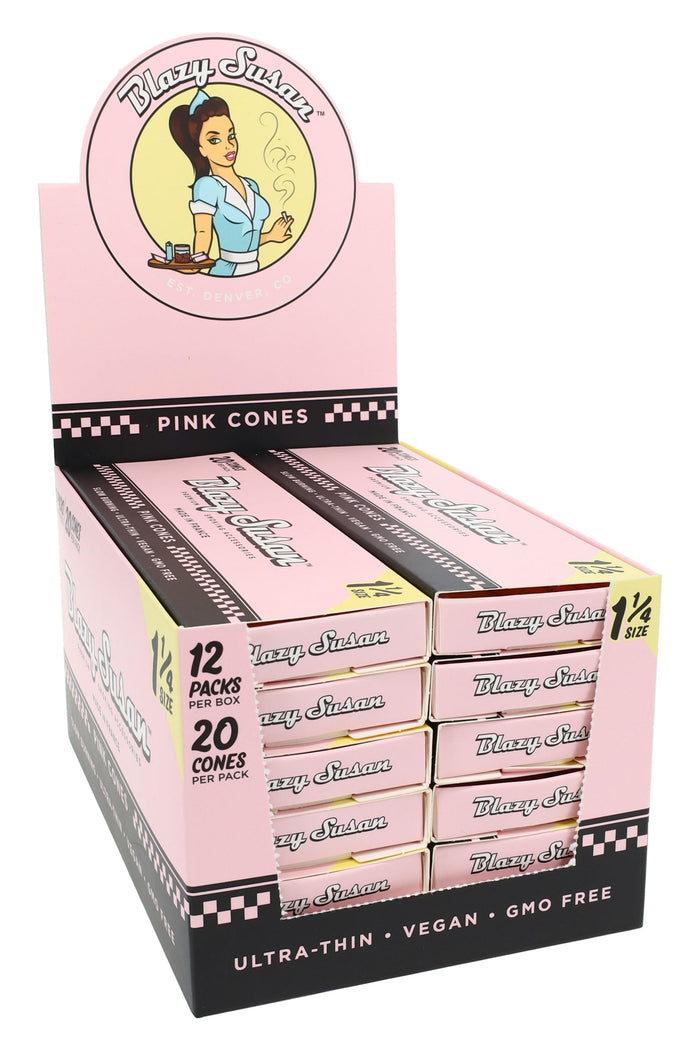 Blazy Susan 1¼ pink pre-rolled cones 12-count display with stacked 20-cone packs, ultra-thin vegan GMO-free paper.