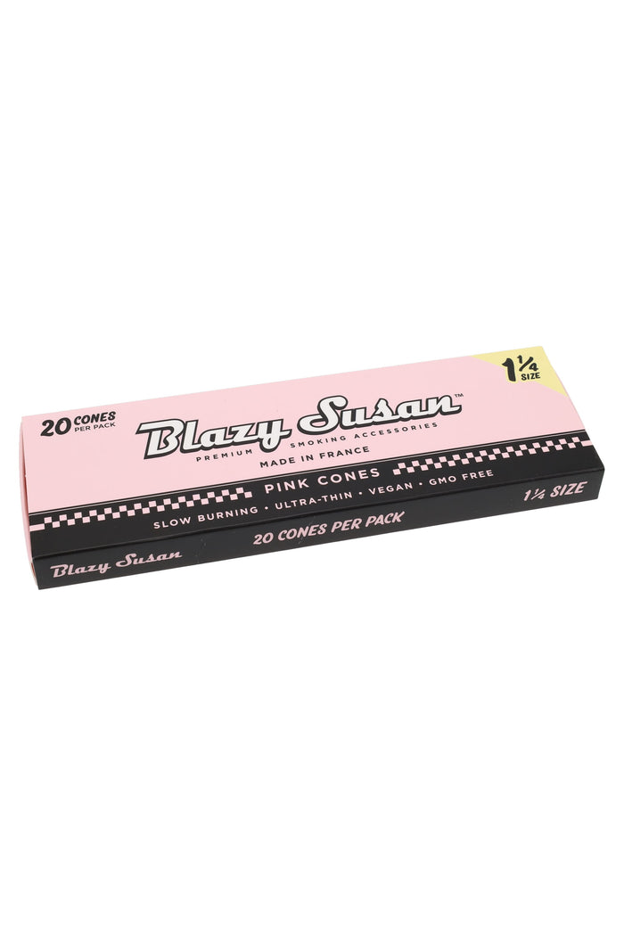 Blazy Susan 1¼ pink cones 20-pack box on white background showing slow-burning, ultra-thin vegan rolling papers.