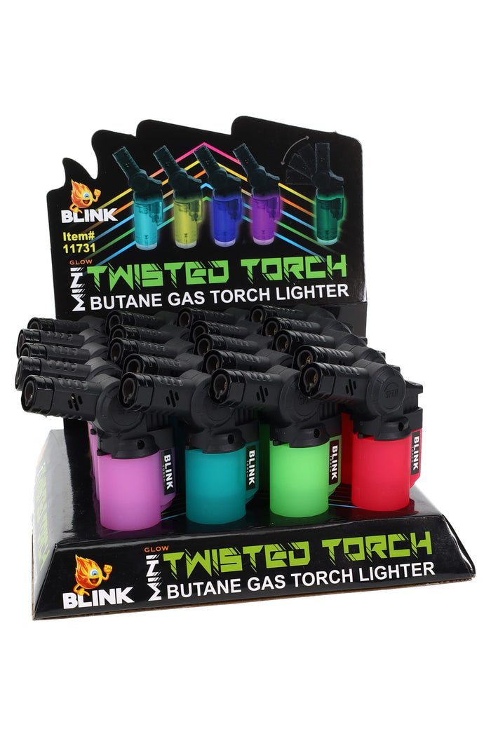 Retail display of 20 Blink Glow Mini Twisted lighters with swivel nozzles and frosted neon tanks, compact butane set for precise lighting.