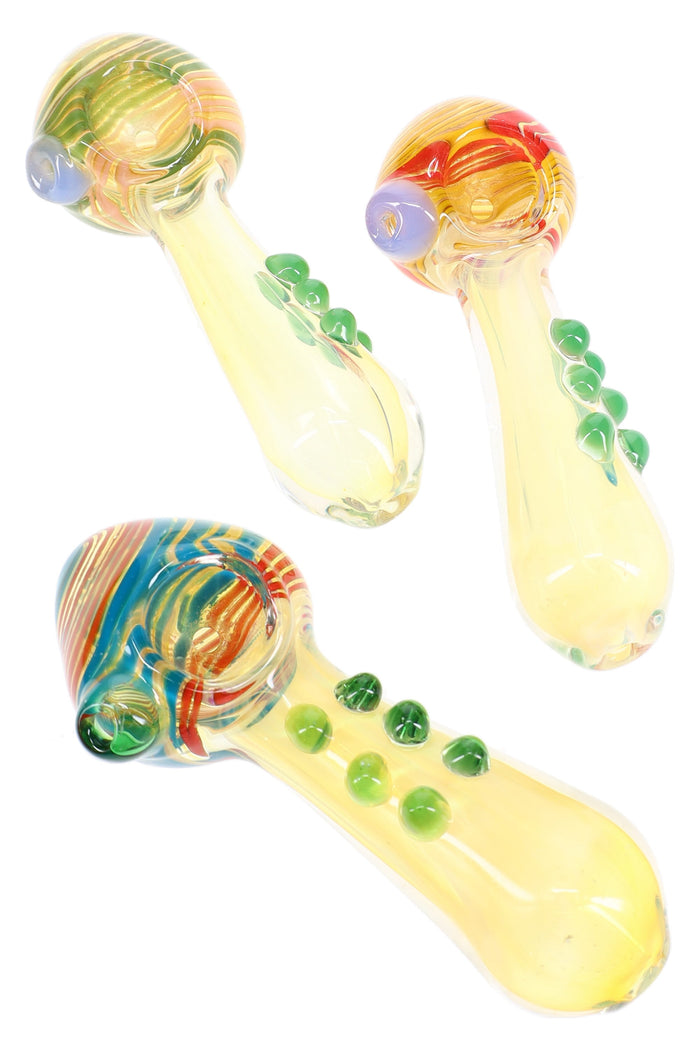 4.5 inch color changing swirl striped glass hand pipe with green marble grips and multicolor bowl, shown in assorted variations