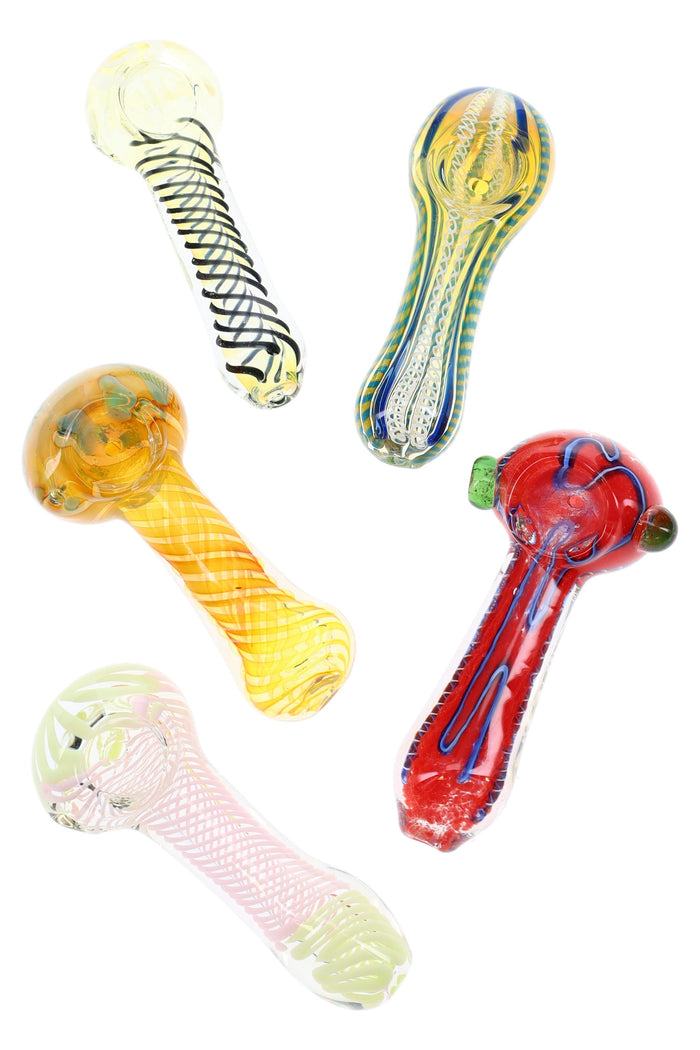 Five assorted 4–4.5 inch clear glass spoon pipes with multicolor striping and deep bowls arranged on a white background.