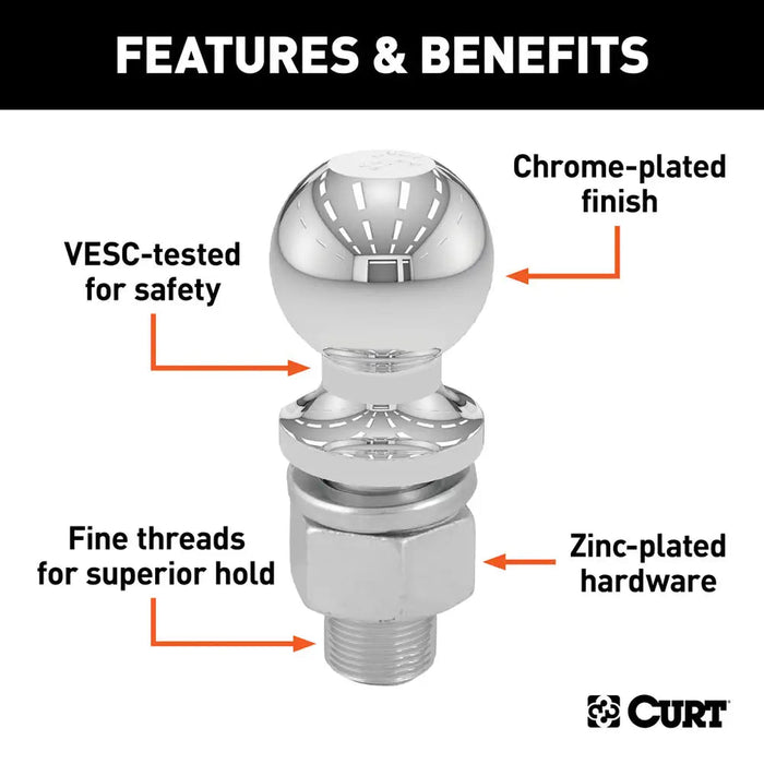 Curt 2" Trailer Ball (3/4" x 2-1/8" Shank, 3,500 lbs., Chrome, Packaged)