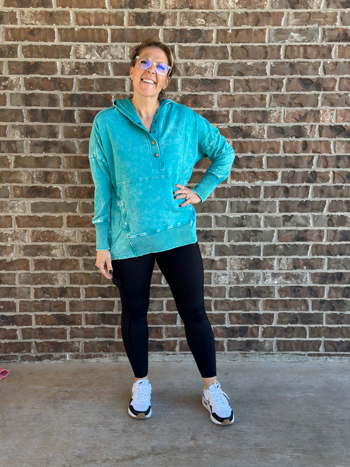 {DARCI} Teal Half Button Super Soft Fleece Hooded Pullover
