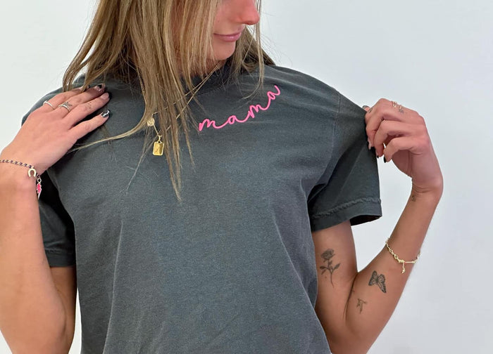 {EMBROIDERY MAMA} Pink Pepper Charcoal Crew Neck Tee