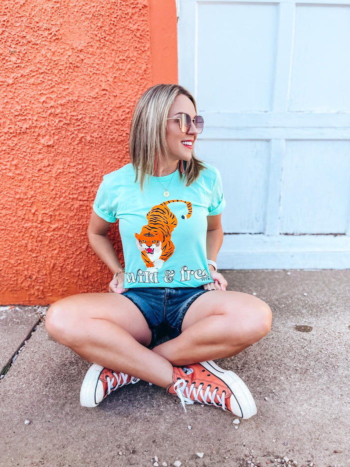 {FIESTY TIGER} Wild + Free  Mint Crew Neck Tee