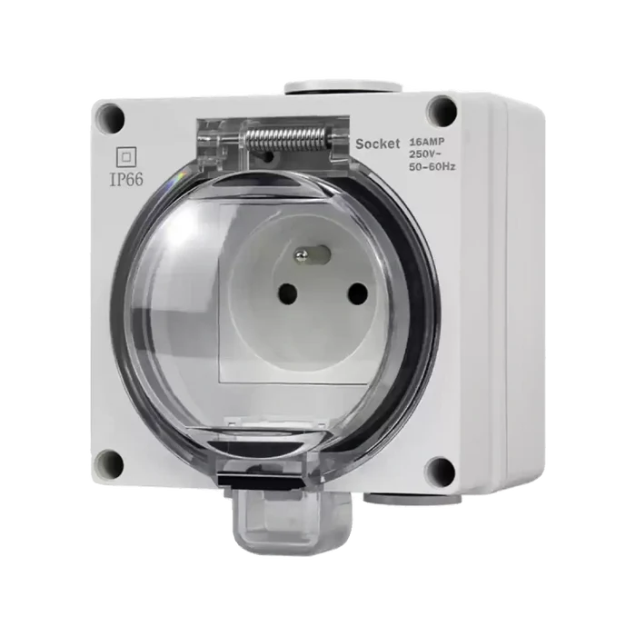 waterproof outdoor socket, French standard electrical outlet, RDL66 series power socket, 16A 250V AC weatherproof outlet box, anti-rain splashproof receptacle, IP66 outdoor power socket, flame retardant waterproof outlet, lockable electrical socket, garden patio power outlet, bathroom waterproof socket, French standard power socket, EU outdoor waterproof receptacle