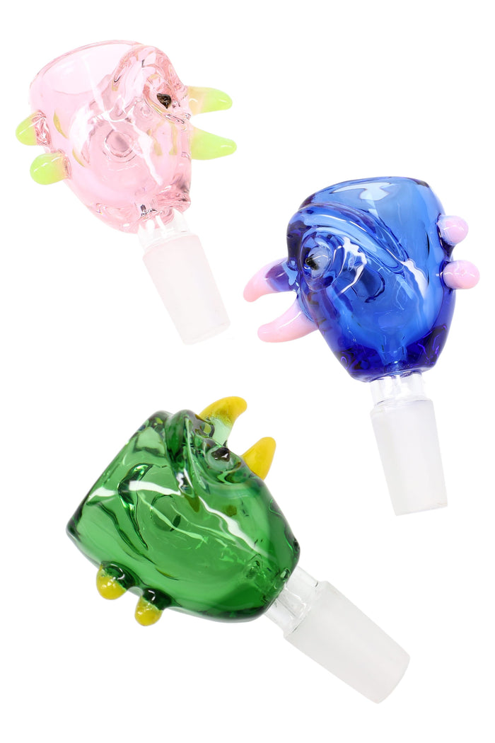 14.5 mm male glass-on-glass bird bong bowl with beak detail; fits only 14.5 mm female joints; colorful worked glass design; ~55 g.