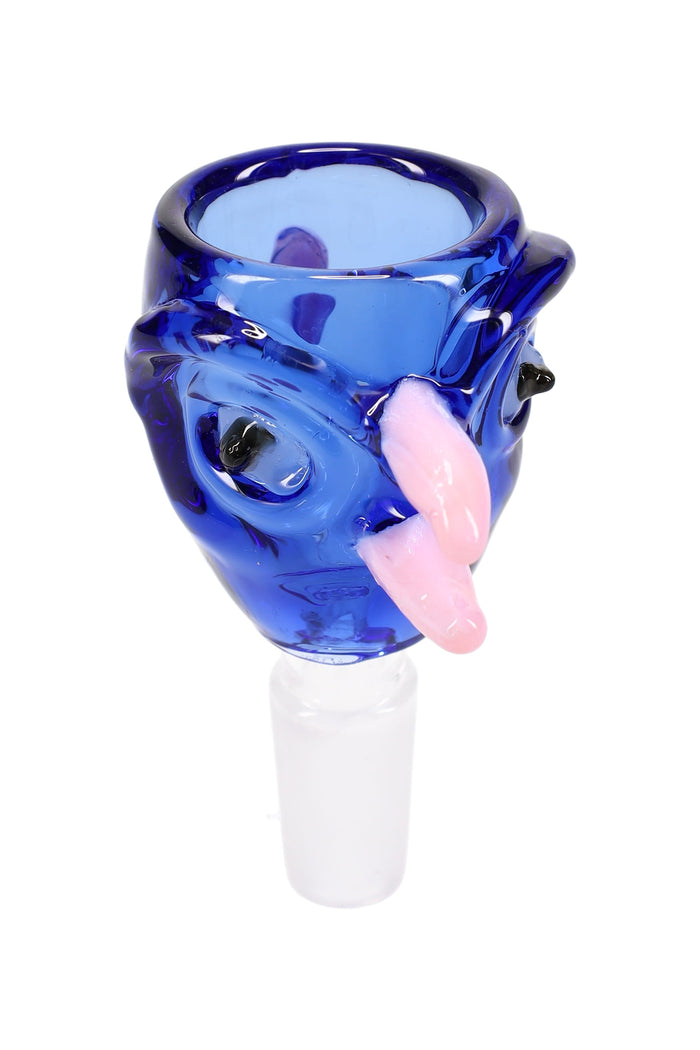 Close angle of colored glass bird bowl, 14.5 mm male joint for dry herb; tight glass-on-glass fit; decorative accents shown.