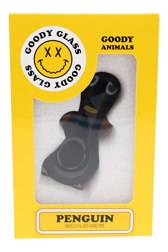 Goody Glass Penguin hand pipe in yellow Goody Animals box with black body and display window