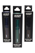 Three boxed GRAV Micro-Pen 510 batteries in black, green, and blue colorways, slim button design visible through window packaging.