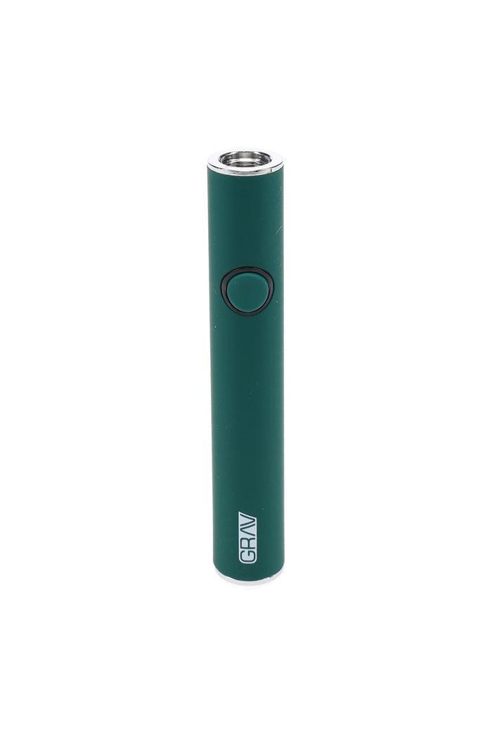 Close-up of green GRAV Micro-Pen 510 battery showing single button and top female 510 thread for standard vape cartridges.