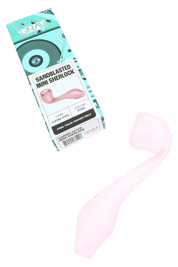GRAV Sandblasted Mini Sherlock retail package with pink color label and matching frosted glass hand pipe, compact dry herb design with side carb.