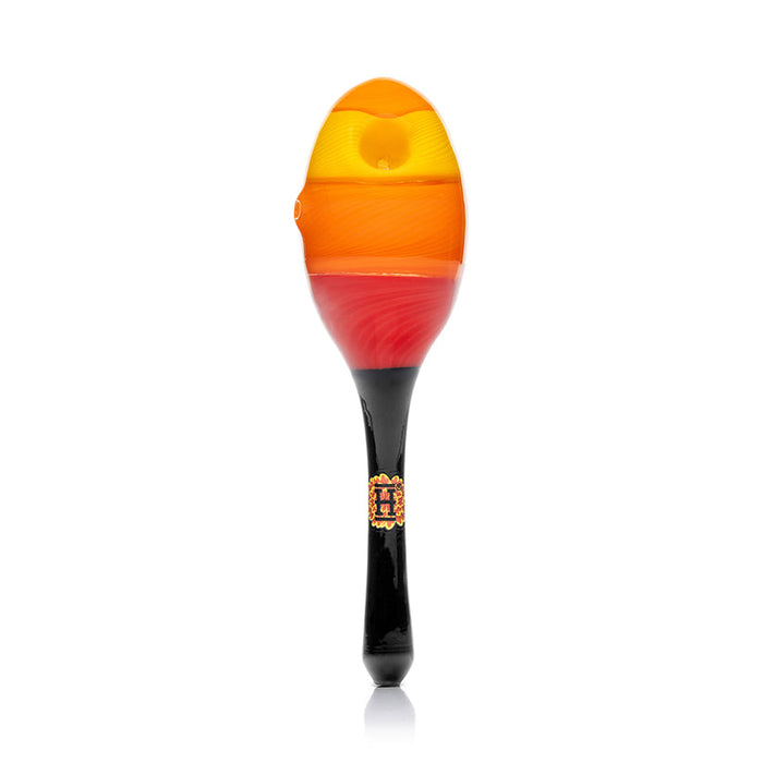 Straight-on view of Hemper Dia De Los Muertos maraca glass hand pipe highlighting 6″ length, fixed bowl and tri-color maraca design.