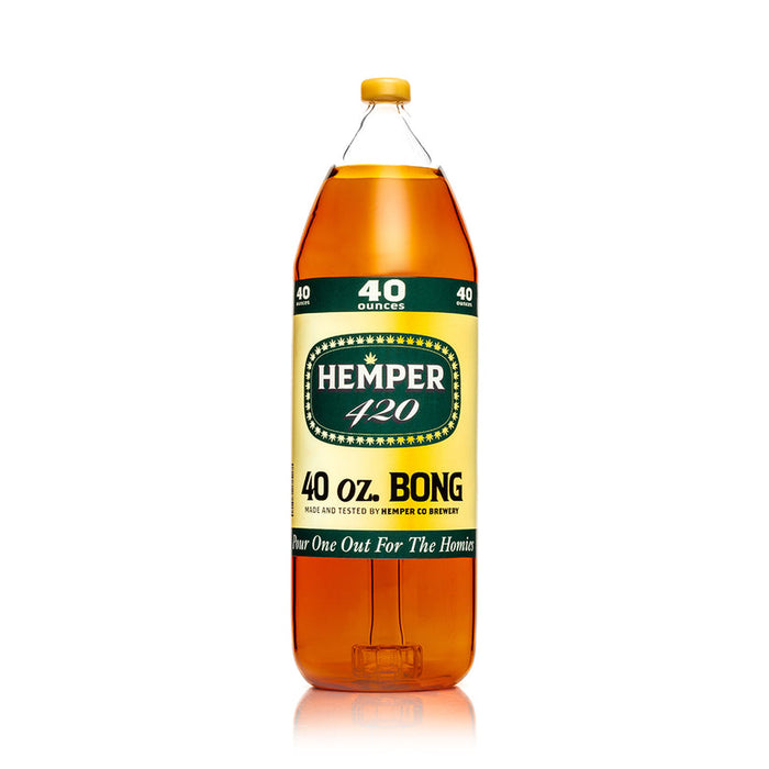 Straight-on studio shot of Hemper 40 oz XL amber glass bottle bong with topaz cap mouthpiece and bold 40 ounces branding.