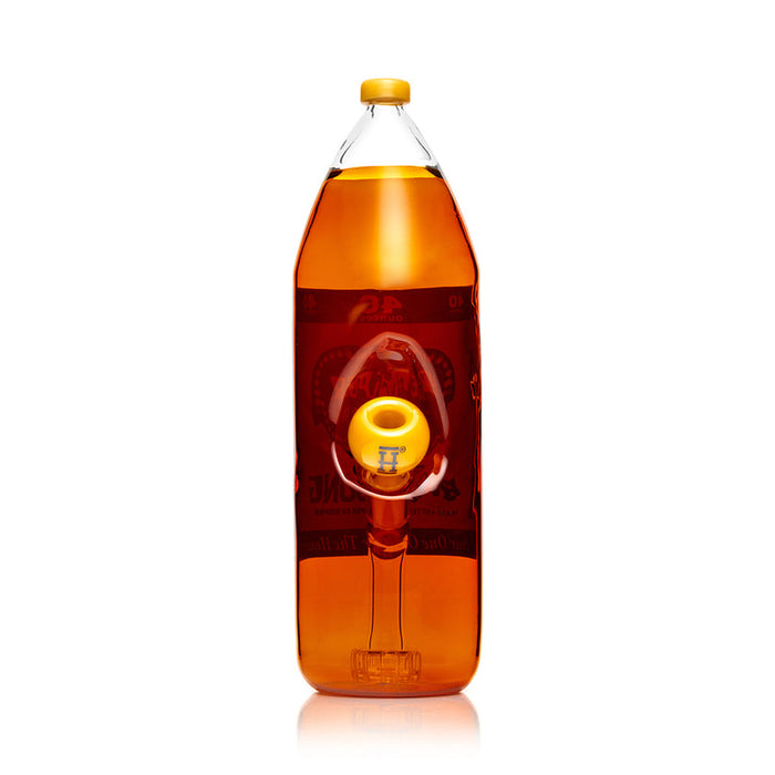 Back view of Hemper Forty Ounce XL amber bottle bong with recessed 14.5 mm bowl joint and showerhead perc visible on white.