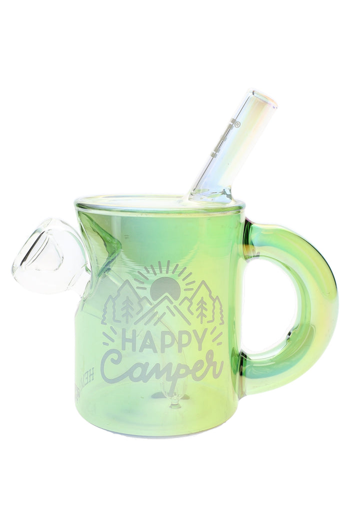 Iridescent green Hemper Happy Camper camping mug glass bong with etched mountain logo and angled straw mouthpiece on white background.