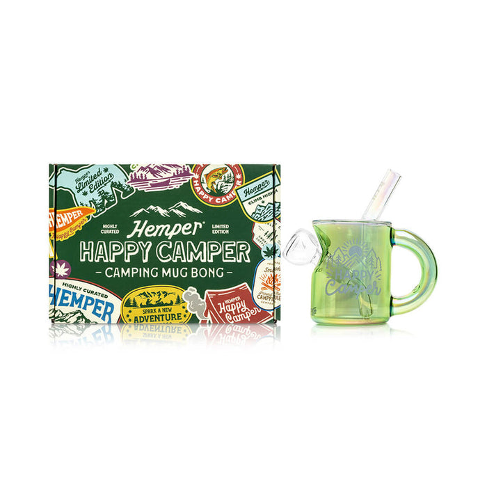 Hemper Happy Camper mug bong displayed beside its adventure-themed gift box, wide product shot ideal for online smoke shop listings.