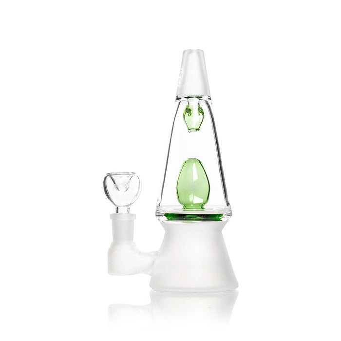 Side profile of green Hemper That 70’s lava lamp 7-inch glass bong showing inline perc base and frosted cone stand on bright white.