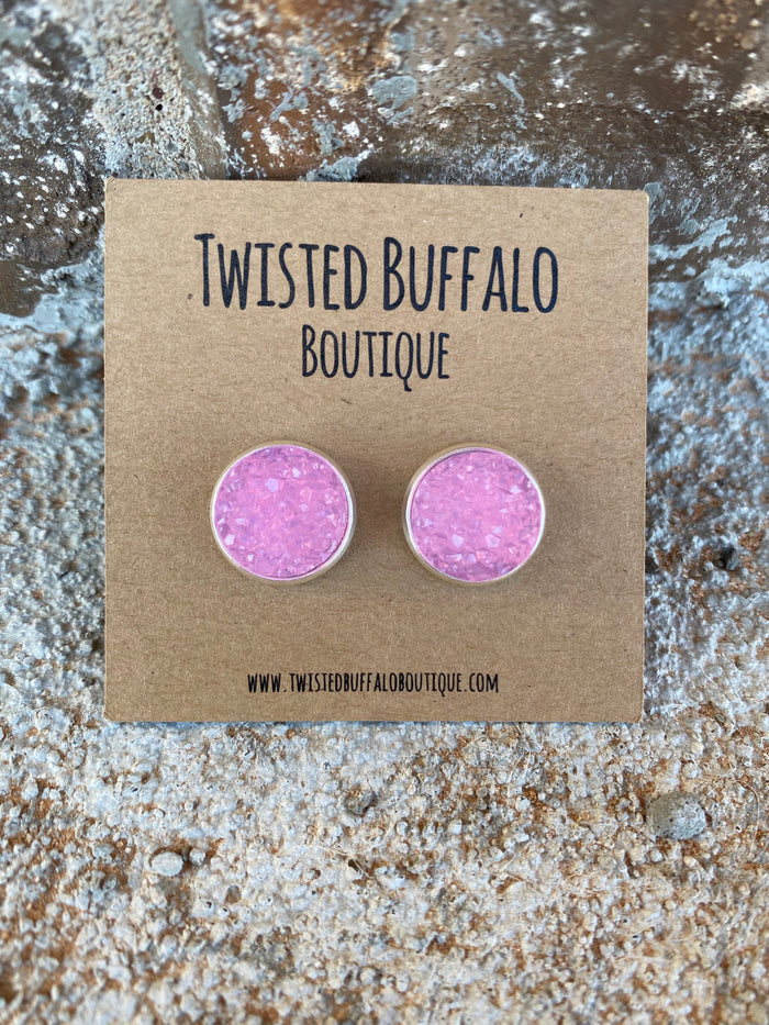 Honeysuckle {ROUND} Pink 12mm Druzy Earrings