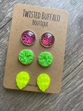 Berlin {ROUND} Pink Leopard, Neon Green + Neon Yellow Druzy 12mm Earrings Set