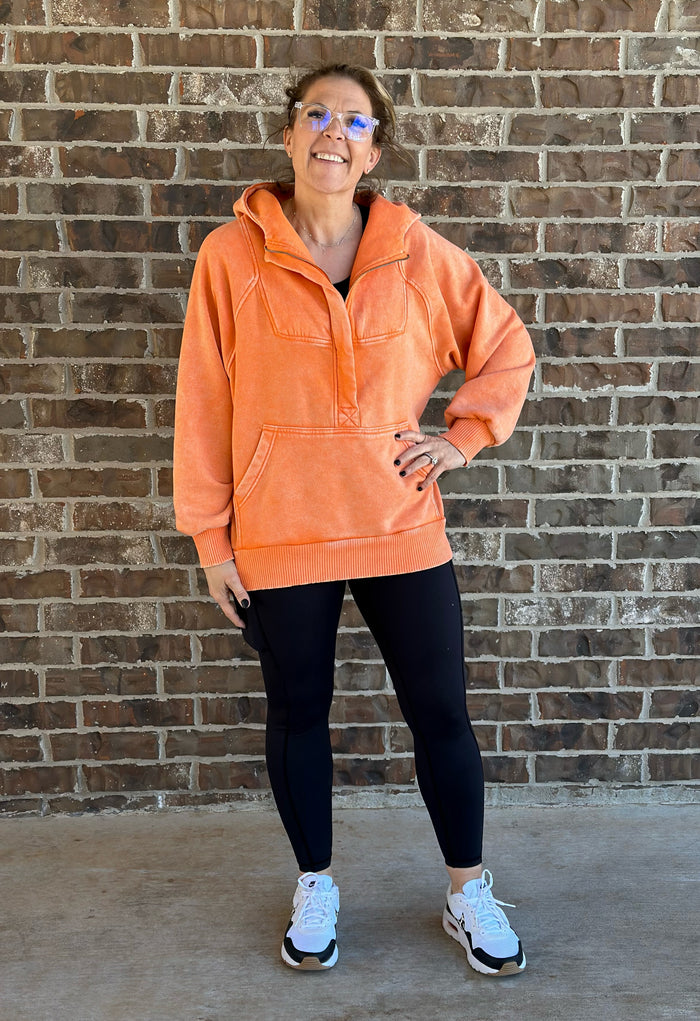 {KARLEE} Orange Acid Wash Super Soft Fleece Oversized 1/4 Zip Hoodie Pullover