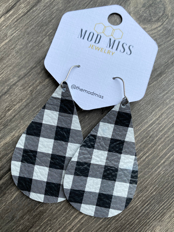 "Logan" Black + White Buffalo Plaid Pebbled Leather Teardrop Earrings - twistedbuffaloboutique