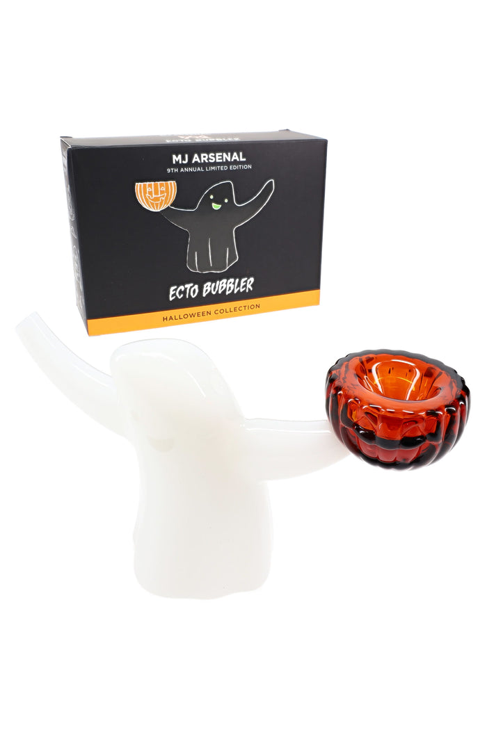 MJ Arsenal Ecto Bubbler beside Halloween collection box, glass ghost body with pumpkin-style bowl for dry herb.