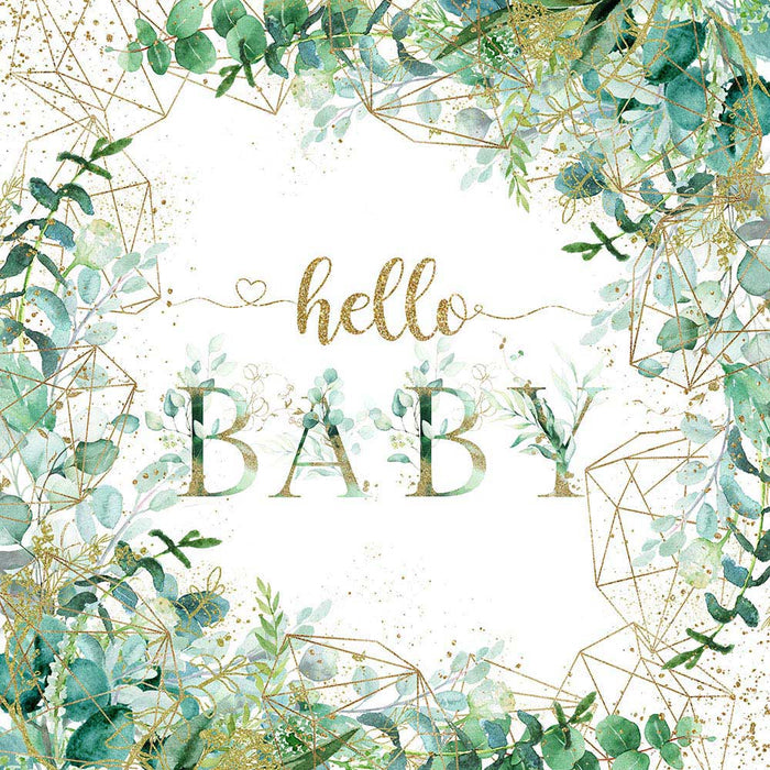 Mocsicka Green Leaves and Golden Lines Hello Baby Shower Backdrop