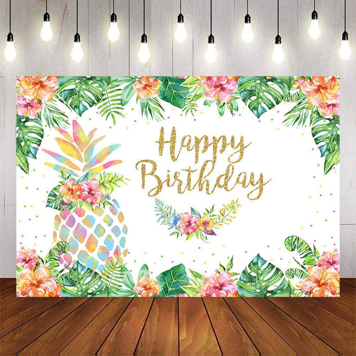 Mocsicka Pineapple and Plam Leaves Happy Birthday Backdrop-Mocsicka Party