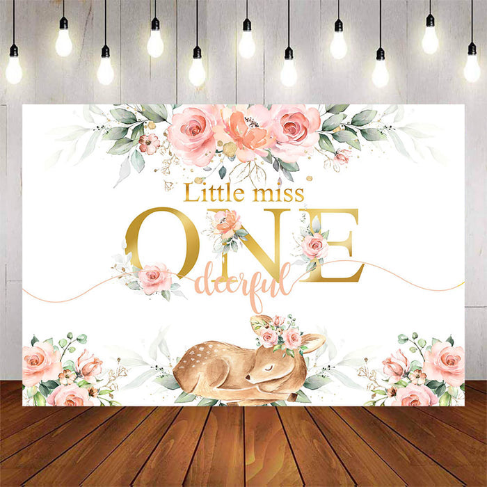 Mocsicka Pink Flowers and Deer Little Miss Onederful birthday Backdrop-Mocsicka Party
