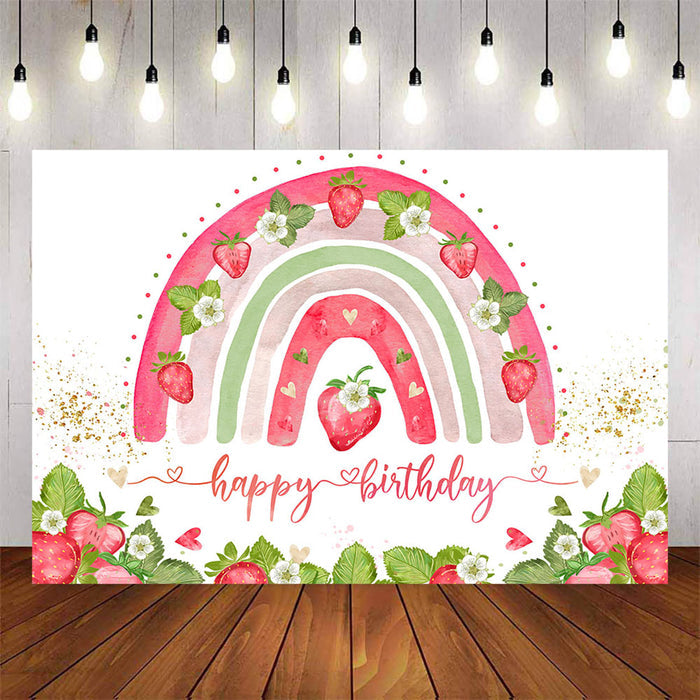 Mocsicka Sweet Strawberry Rainbow Happy Birthday Backdrop-Mocsicka Party