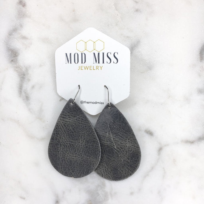 "Mrs. Jumbo" Worn Gray Chunky Teardrop Leather Petal Earrings - twistedbuffaloboutique
