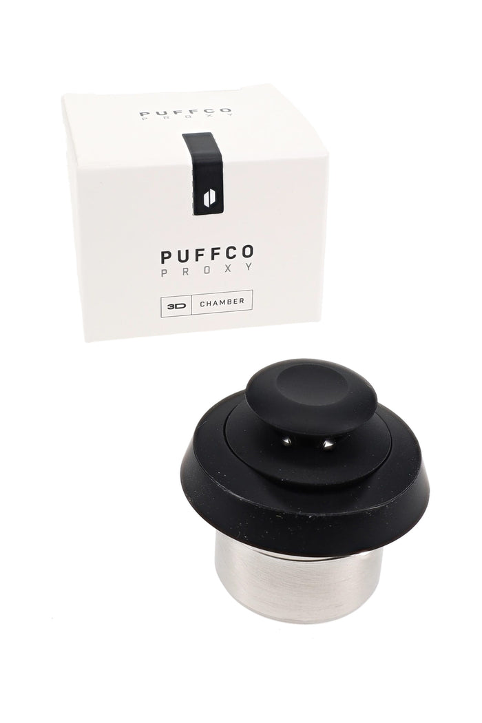 Puffco Proxy 3D chamber in Onyx displayed in front of white Puffco Proxy 3D Chamber retail box on clean studio background