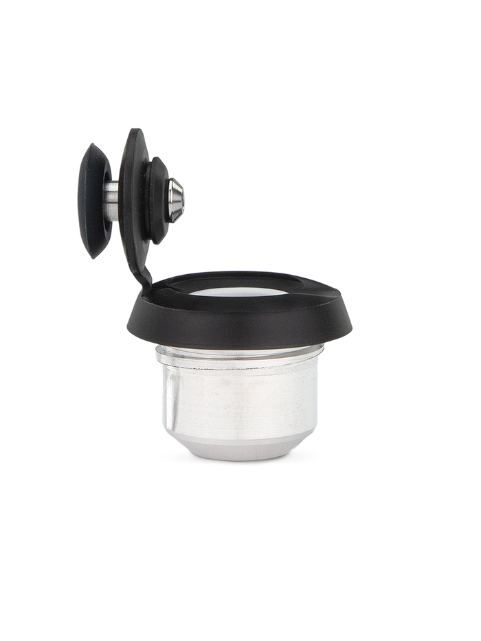 Puffco Proxy 3D chamber in Onyx with cap flipped open to reveal inner hardware and stainless steel concentrate bowl