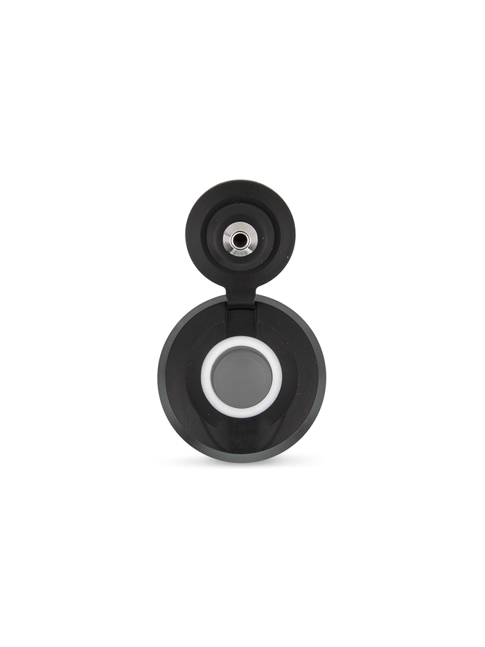 Top view of Puffco Proxy 3D chamber cap in Onyx highlighting flat joystick style carb cap above tapered black housing