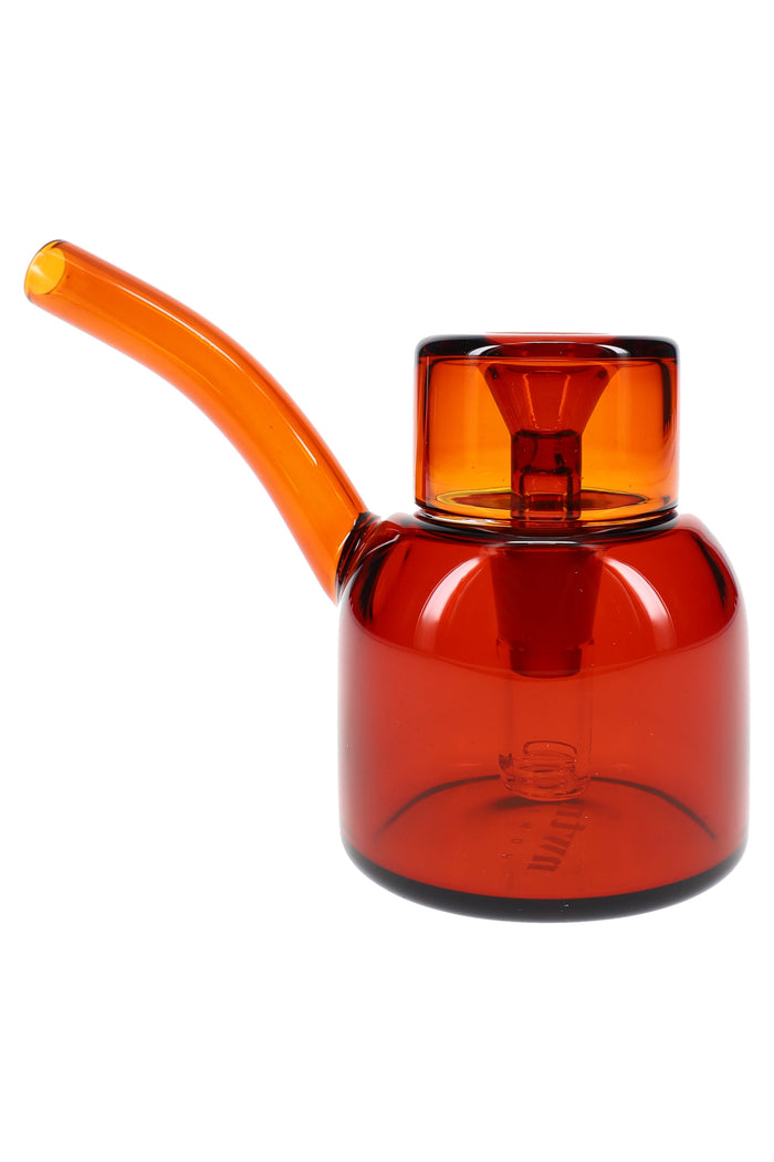Amber 5″ NWTN Vesper glass bubbler with angled mouthpiece and wide base, shown side profile on white background.