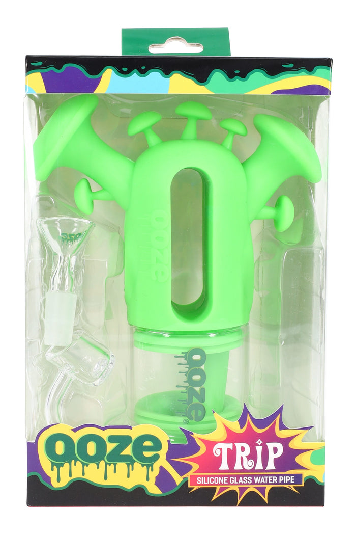 Green Ooze “Trip” silicone-glass dab rig and bong combo in display box with 14 mm banger and 14 mm herb bowl.
