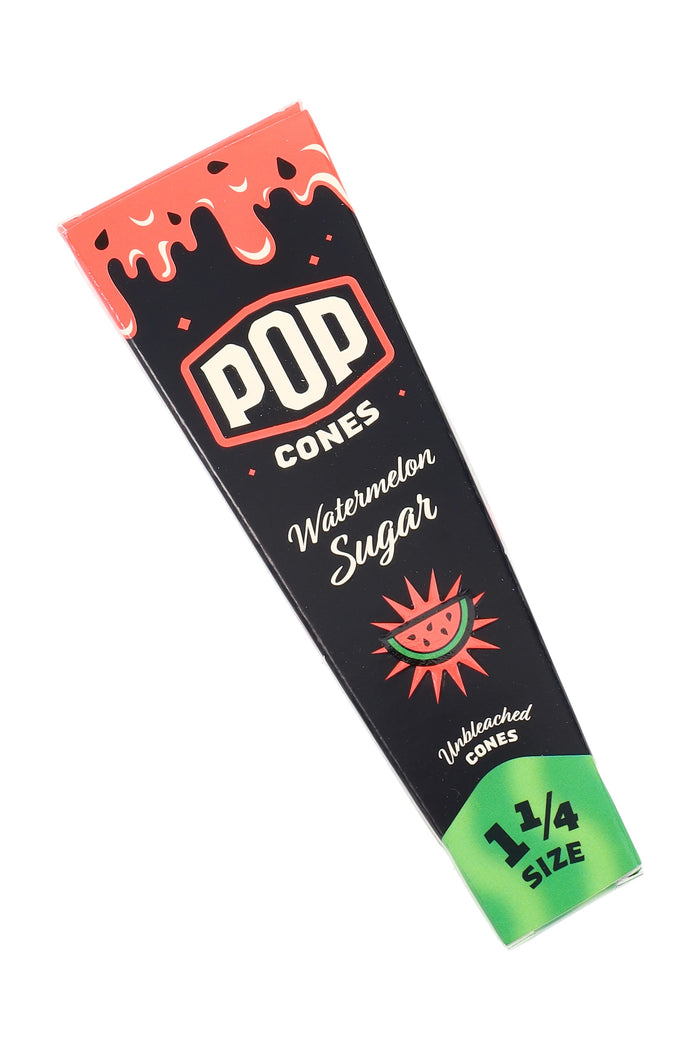 Pop Cones 2.0 Watermelon Sugar pack of 1¼ unbleached pre-rolled cones with flavor-activated tip in retail carton.